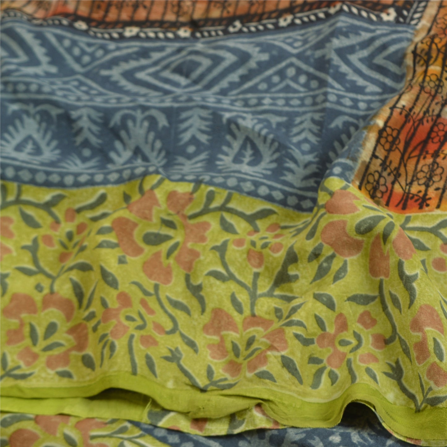 Sanskriti Vintage Sarees Green Pure Crepe Silk Printed Sari Soft Craft Sustainable Fabric