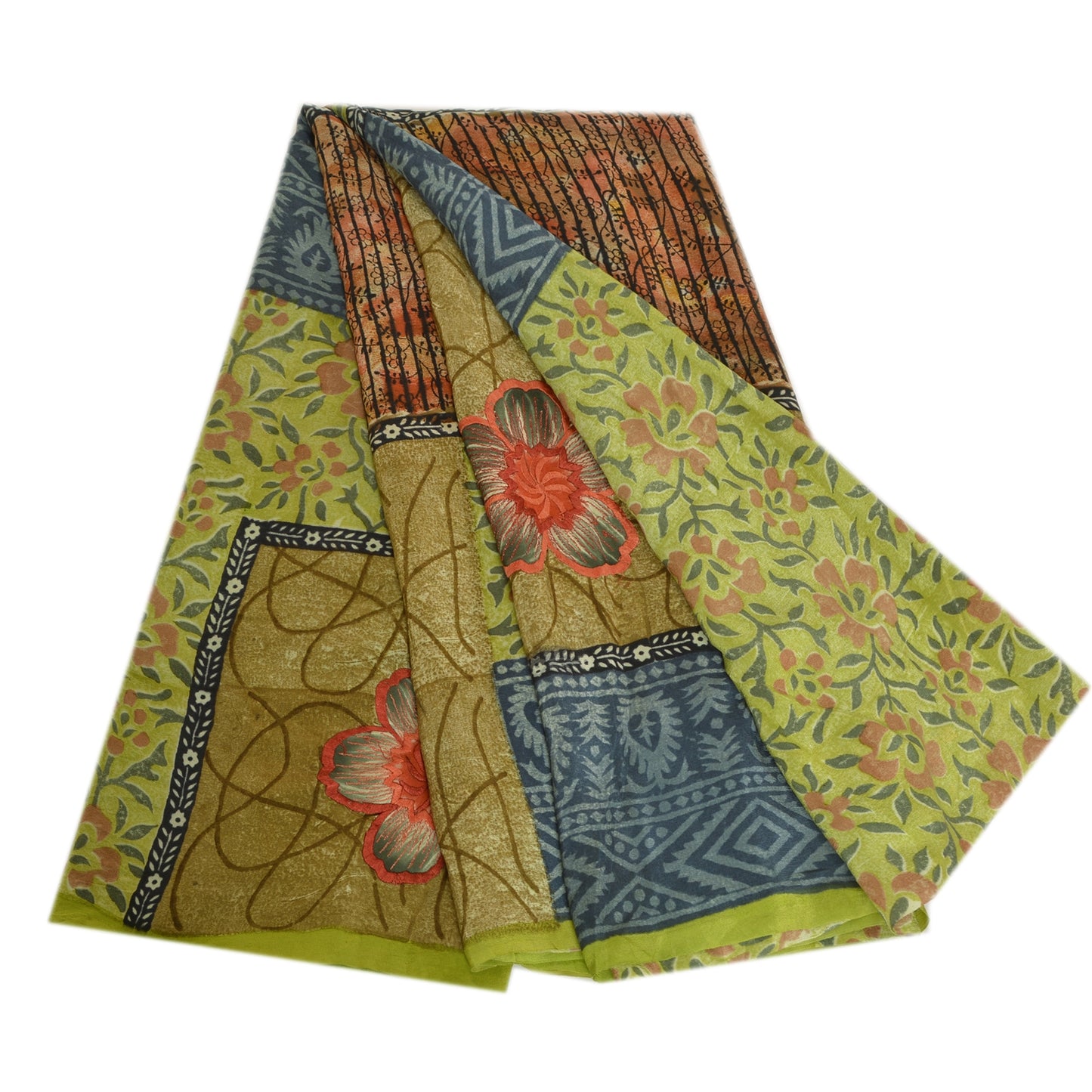 Sanskriti Vintage Sarees Green Pure Crepe Silk Printed Sari Soft Craft Sustainable Fabric