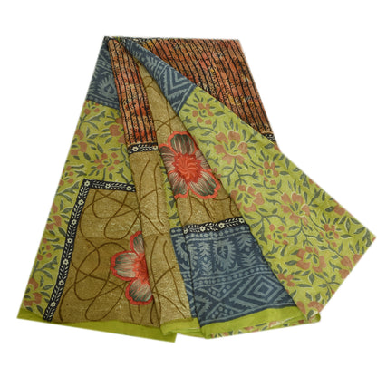 Sanskriti Vintage Sarees Green Pure Crepe Silk Printed Sari Soft Craft Sustainable Fabric