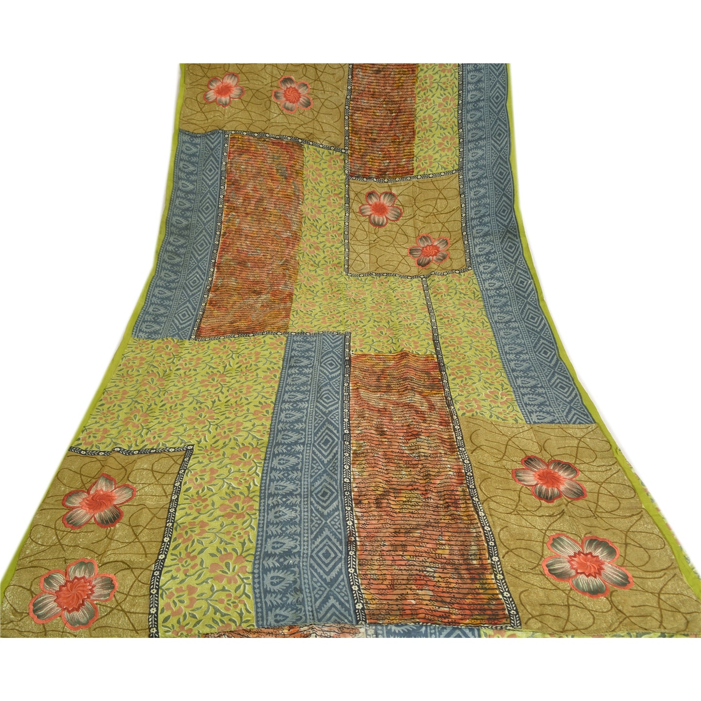 Sanskriti Vintage Sarees Green Pure Crepe Silk Printed Sari Soft Craft Sustainable Fabric