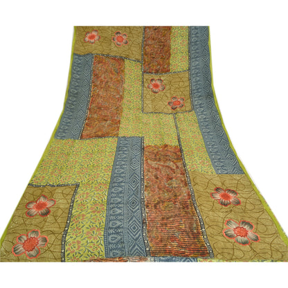 Sanskriti Vintage Sarees Green Pure Crepe Silk Printed Sari Soft Craft Sustainable Fabric