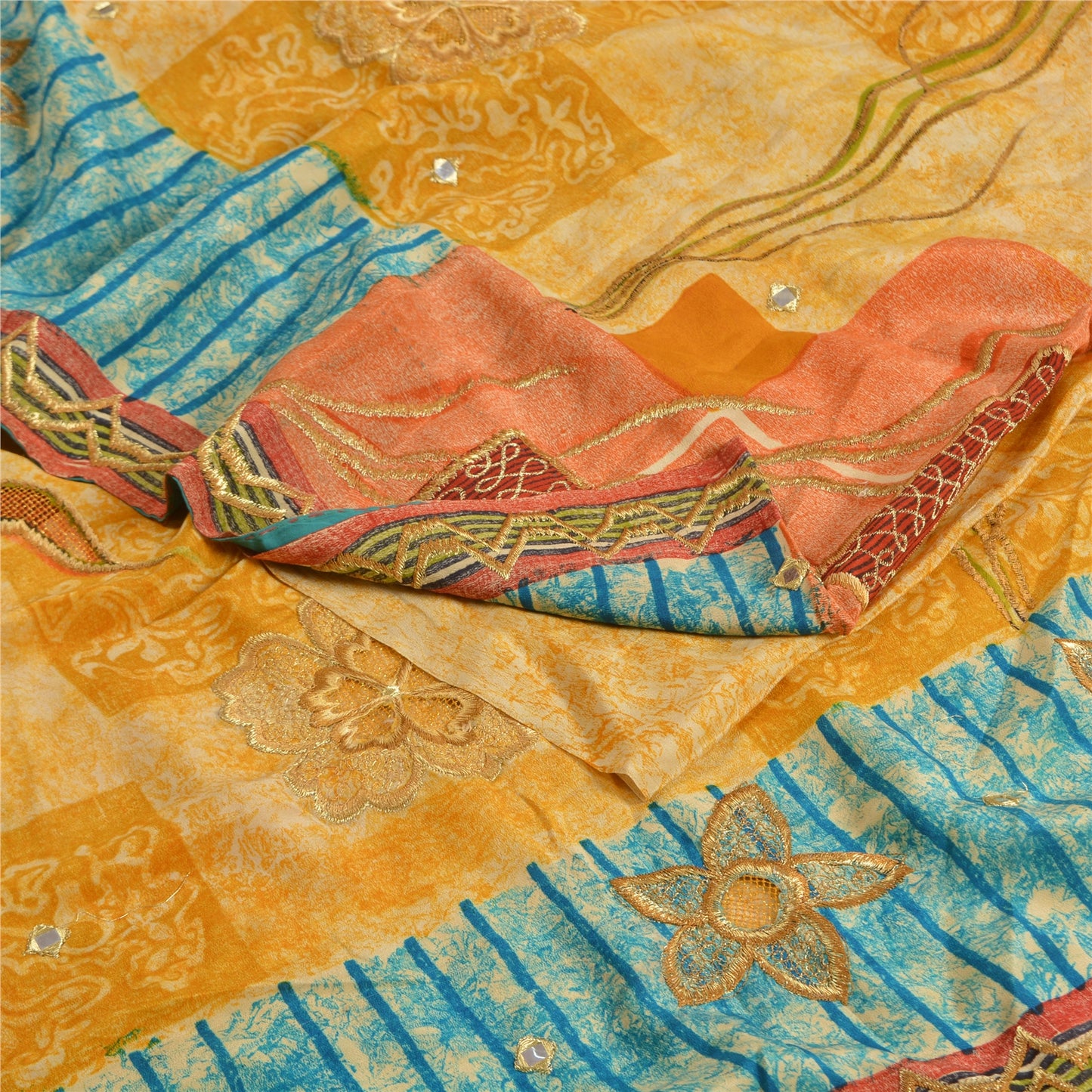 Sanskriti Vintage Sarees Hand Beaded Pure Crepe Silk Printed Sari Craft Sustainable Fabric