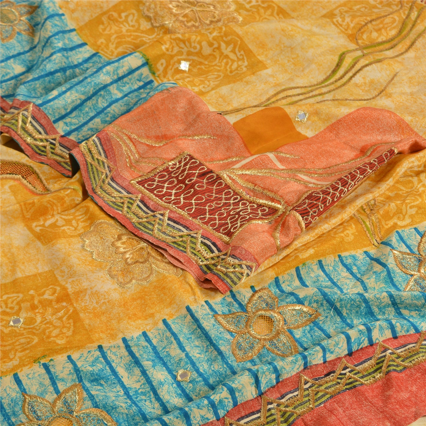 Sanskriti Vintage Sarees Hand Beaded Pure Crepe Silk Printed Sari Craft Sustainable Fabric