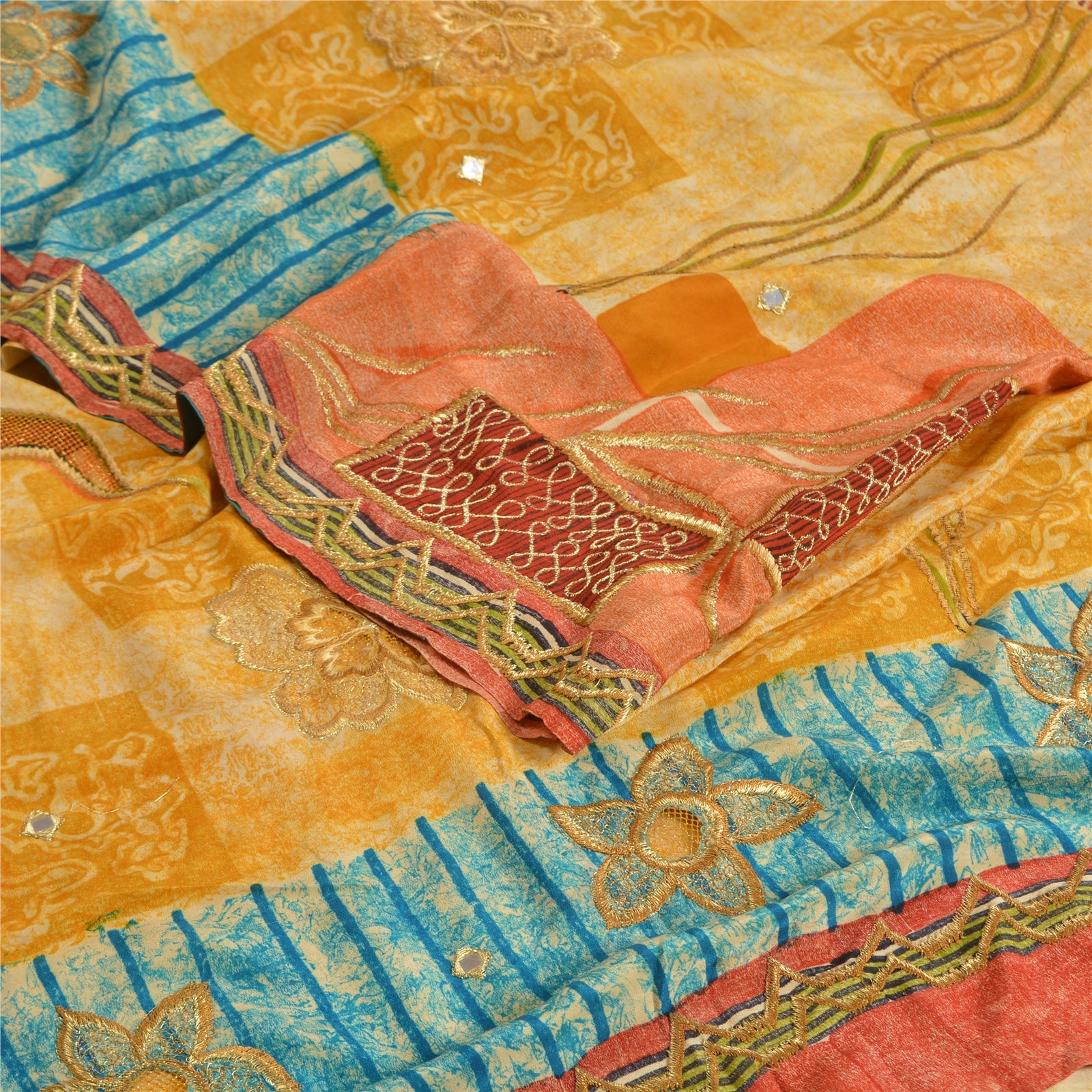 Sanskriti Vintage Saffron Pure Crepe Silk Saree: Hand-Bead Mirror Work Floral Print Fabric Pre-Owned Indian Upcycled, Recycled, Remnant
