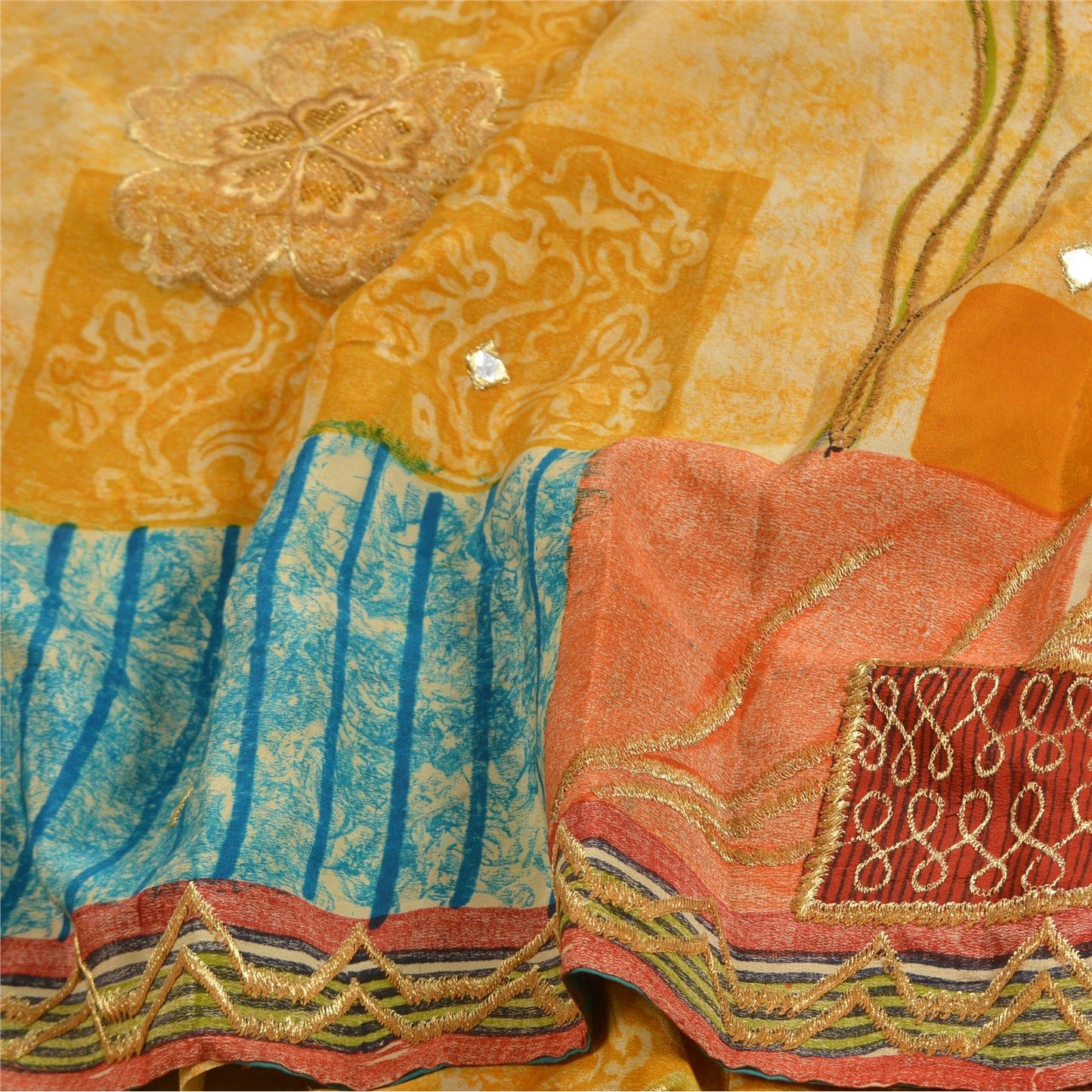 Sanskriti Vintage Sarees Hand Beaded Pure Crepe Silk Printed Sari Craft Sustainable Fabric