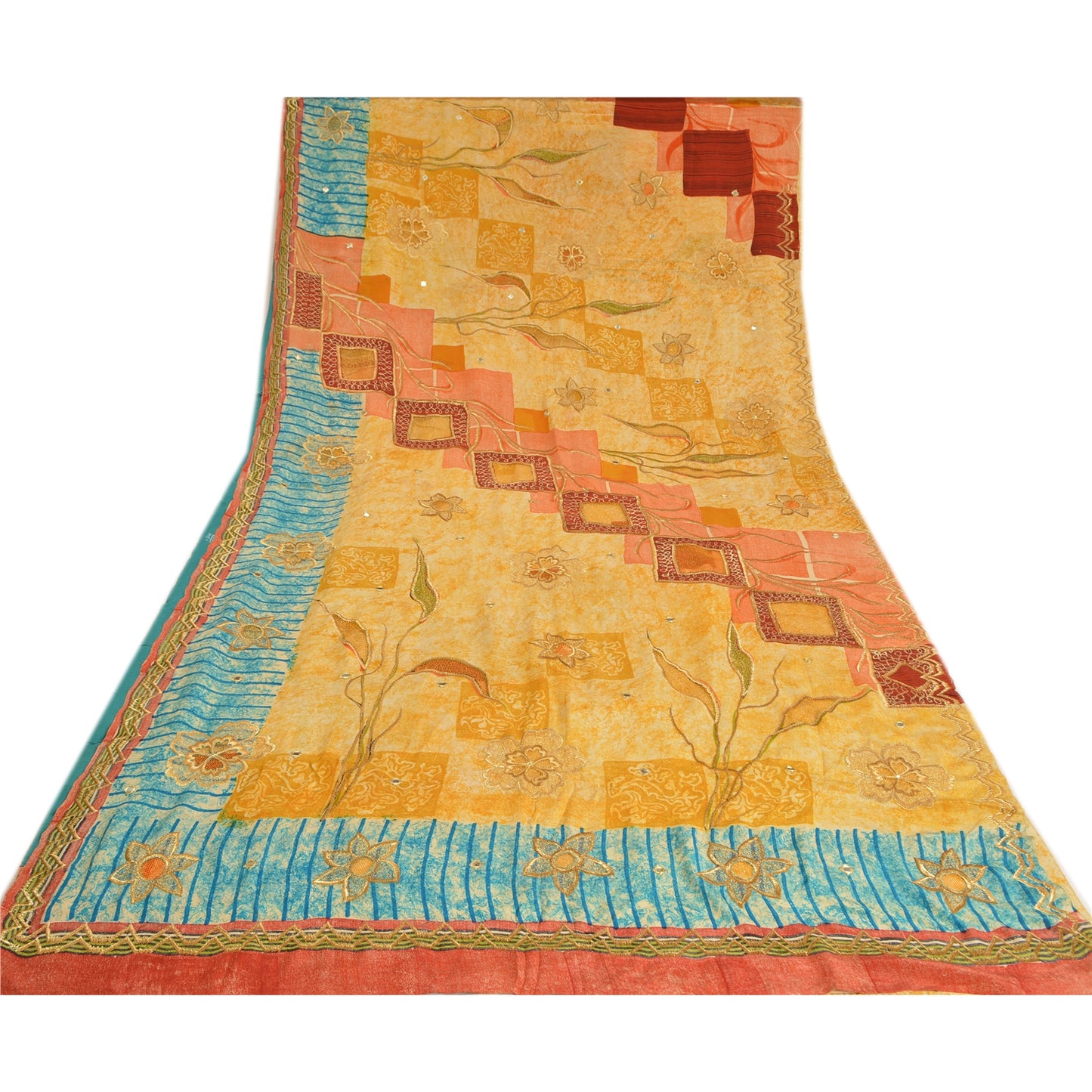 Sanskriti Vintage Sarees Hand Beaded Pure Crepe Silk Printed Sari Craft Sustainable Fabric