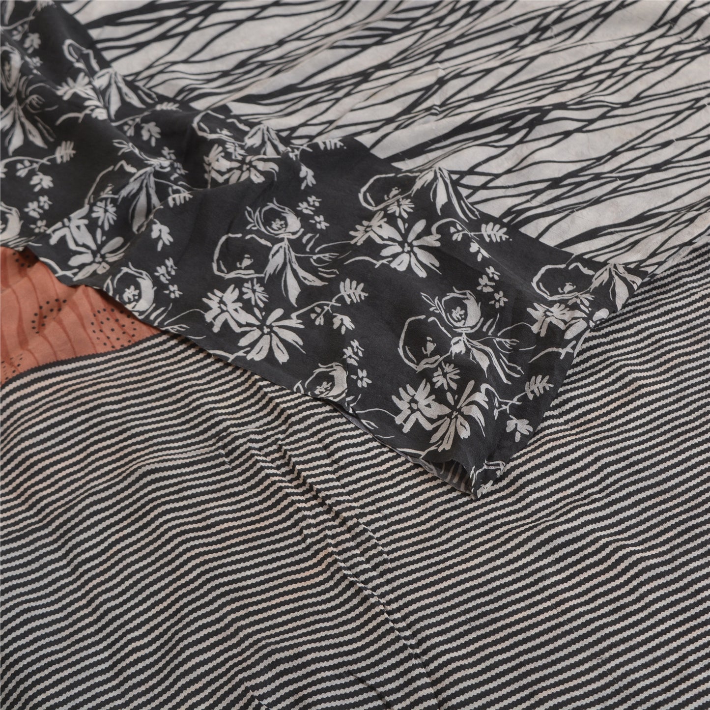 Sanskriti Vintage Sarees Ivory 100% Pure Crepe Silk Printed Sari Craft Sustainable Fabric