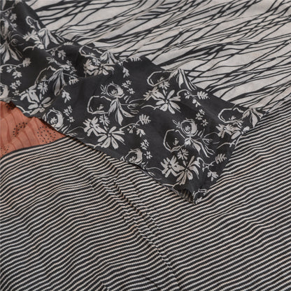 Sanskriti Vintage Sarees Ivory 100% Pure Crepe Silk Printed Sari Craft Sustainable Fabric