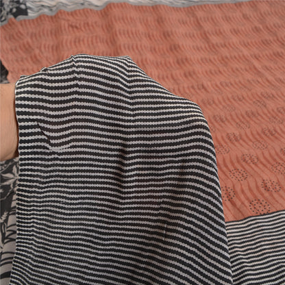 Sanskriti Vintage Sarees Ivory 100% Pure Crepe Silk Printed Sari Craft Sustainable Fabric