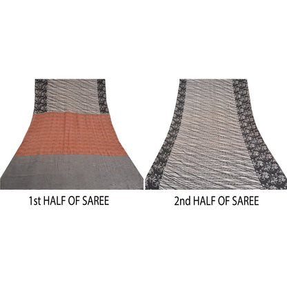 Sanskriti Vintage Sarees Ivory 100% Pure Crepe Silk Printed Sari Craft Sustainable Fabric