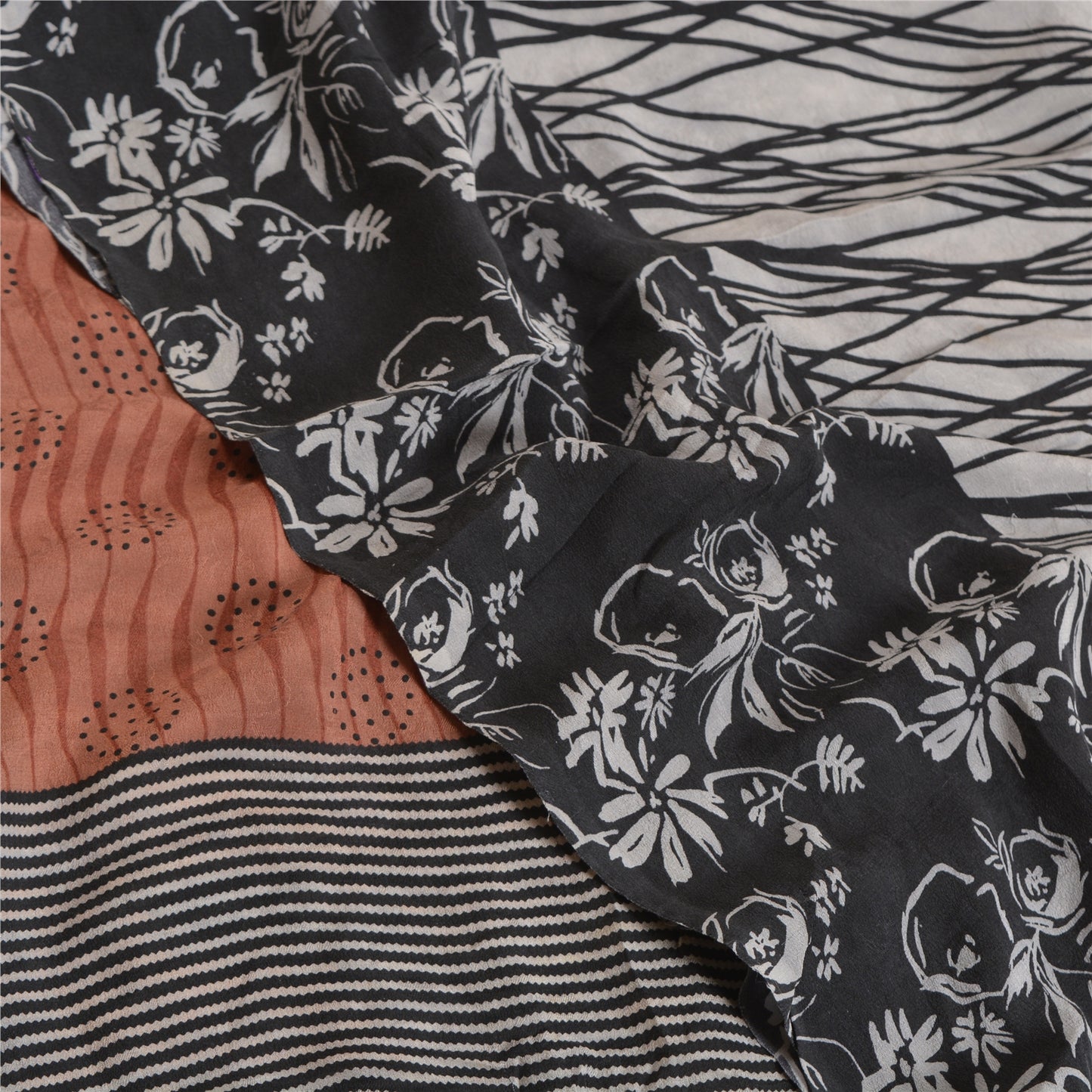 Sanskriti Vintage Sarees Ivory 100% Pure Crepe Silk Printed Sari Craft Sustainable Fabric