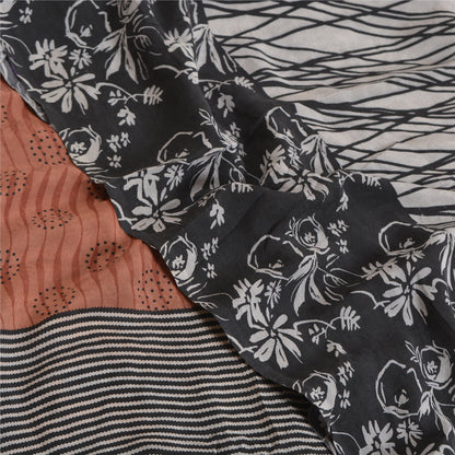 Sanskriti Vintage Sarees Ivory 100% Pure Crepe Silk Printed Sari Craft Sustainable Fabric