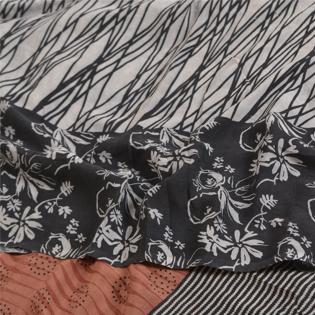 Sanskriti Vintage Ivory & Black Pure Crepe Silk Printed Saree - Floral Lines Design Soft 5.28YD Craft Fabric for Upholstery Dressmaking