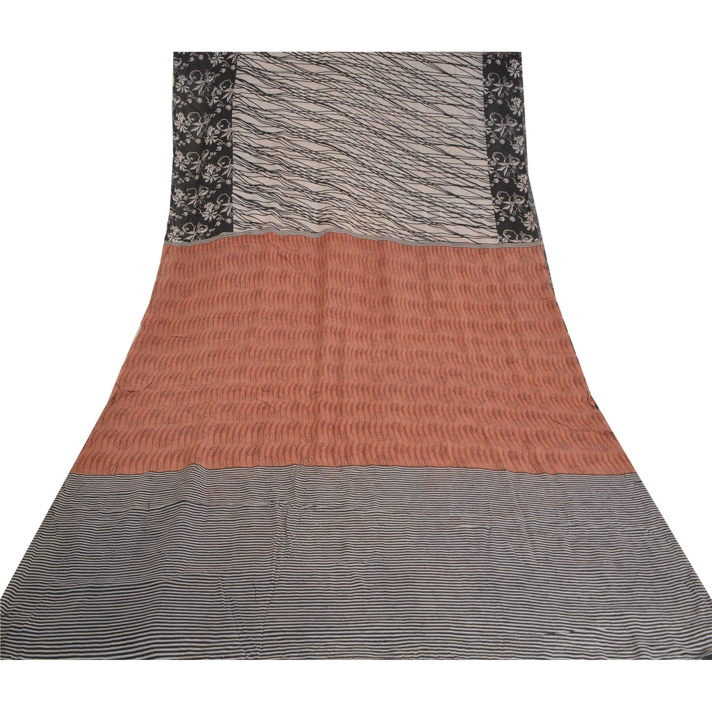 Sanskriti Vintage Sarees Ivory 100% Pure Crepe Silk Printed Sari Craft Sustainable Fabric