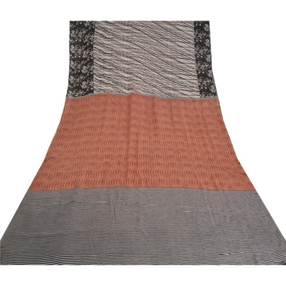 Sanskriti Vintage Sarees Ivory 100% Pure Crepe Silk Printed Sari Craft Sustainable Fabric