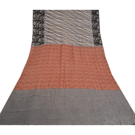 Sanskriti Vintage Sarees Ivory 100% Pure Crepe Silk Printed Sari Craft Sustainable Fabric