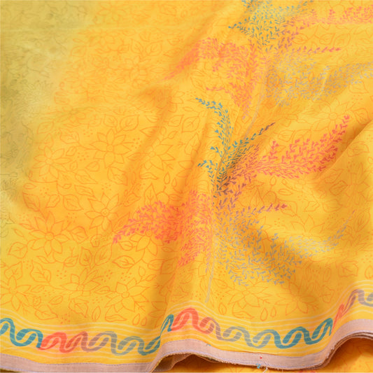 Sanskriti Vintage Sarees Yellow Indian Pure Crepe Silk Printed Sari Craft Sustainable Fabric