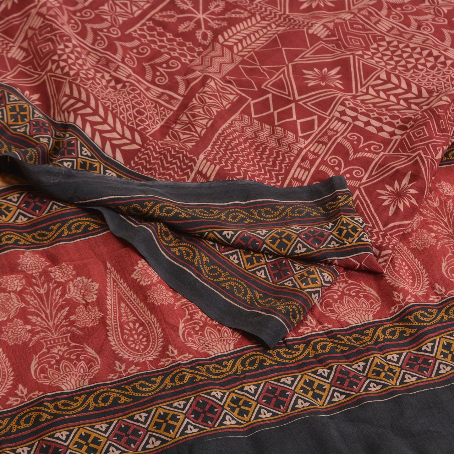 Санскритские винтажные сари индийское темно-красное чистое креповое шелковое сари с принтом ремесло устойчивая ткань