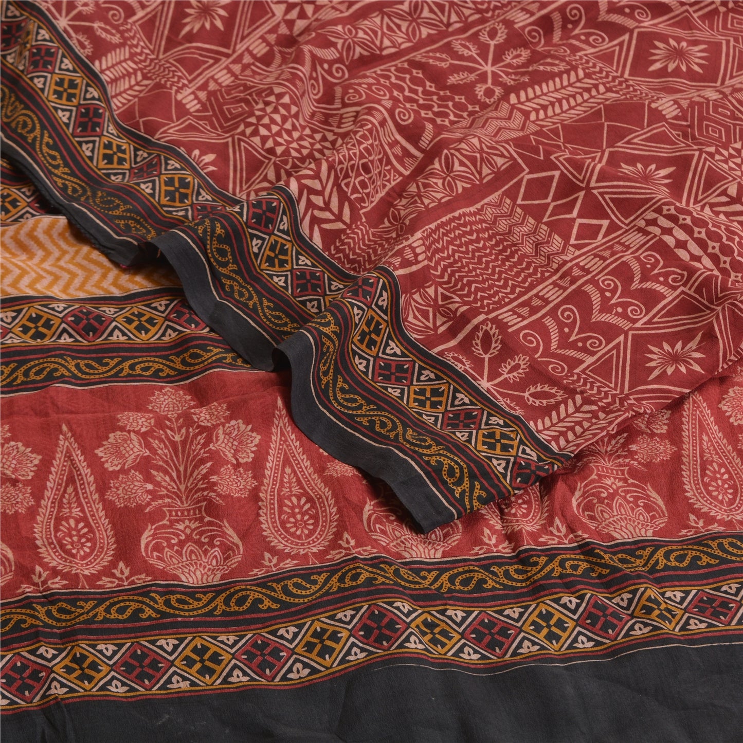 Санскритские винтажные сари индийское темно-красное чистое креповое шелковое сари с принтом ремесло устойчивая ткань