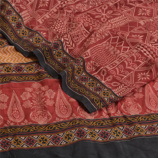 Sanskriti Vintage Sarees Indian Dark Red Pure Crepe Silk Print Sari Craft Sustainable Fabric