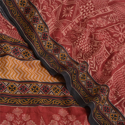 Санскритские винтажные сари индийское темно-красное чистое креповое шелковое сари с принтом ремесло устойчивая ткань