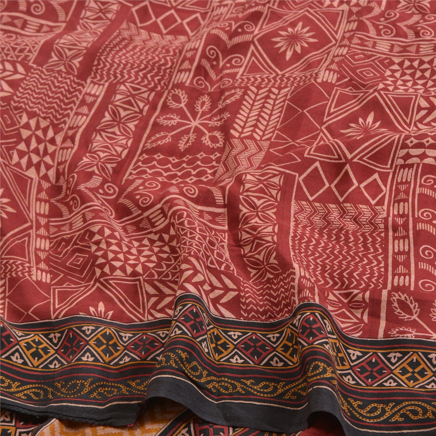 Санскритские винтажные сари индийское темно-красное чистое креповое шелковое сари с принтом ремесло устойчивая ткань