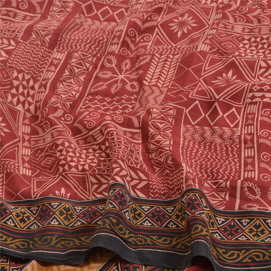 Sanskriti Vintage Sarees Indian Dark Red Pure Crepe Silk Print Sari Craft Sustainable Fabric
