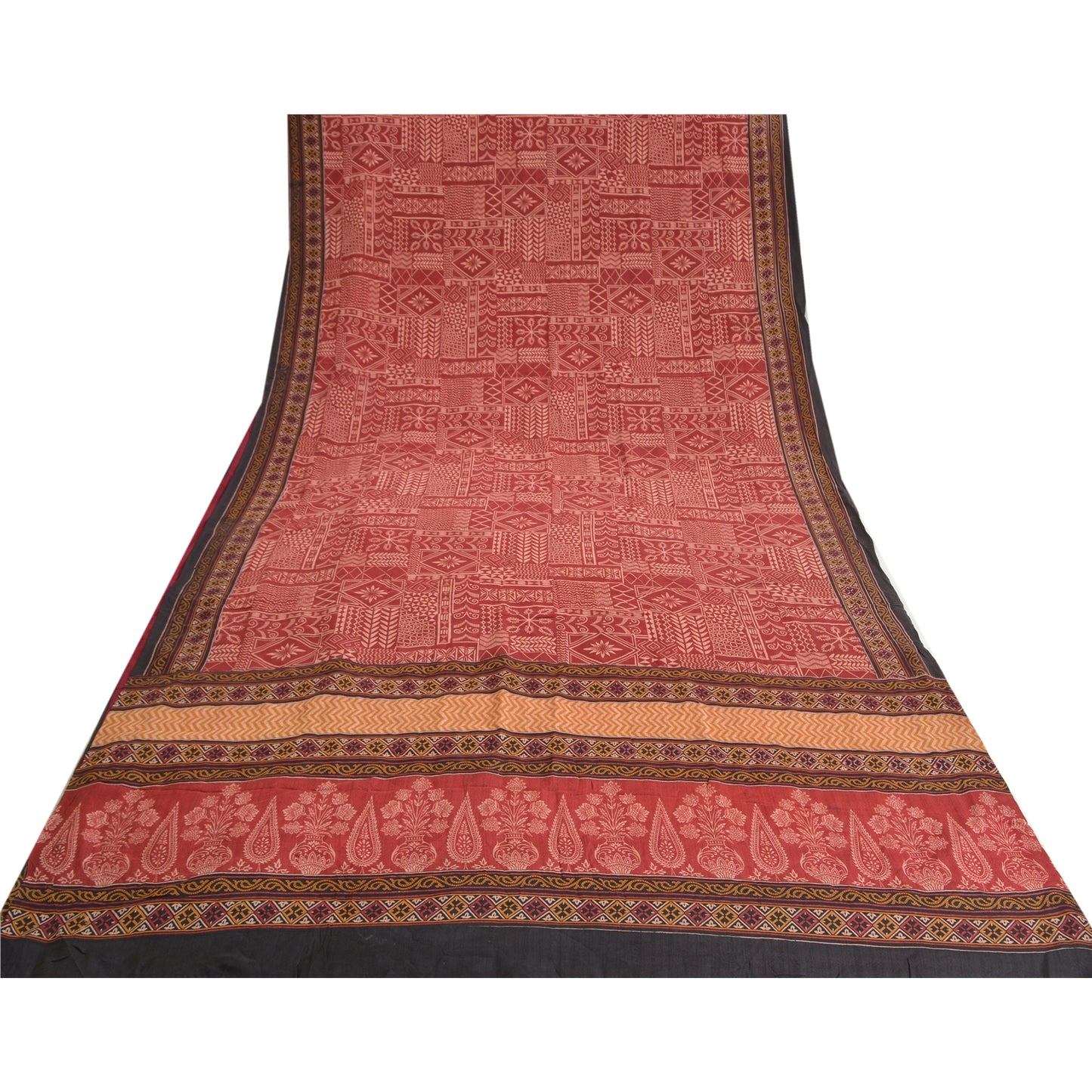 Санскритские винтажные сари индийское темно-красное чистое креповое шелковое сари с принтом ремесло устойчивая ткань