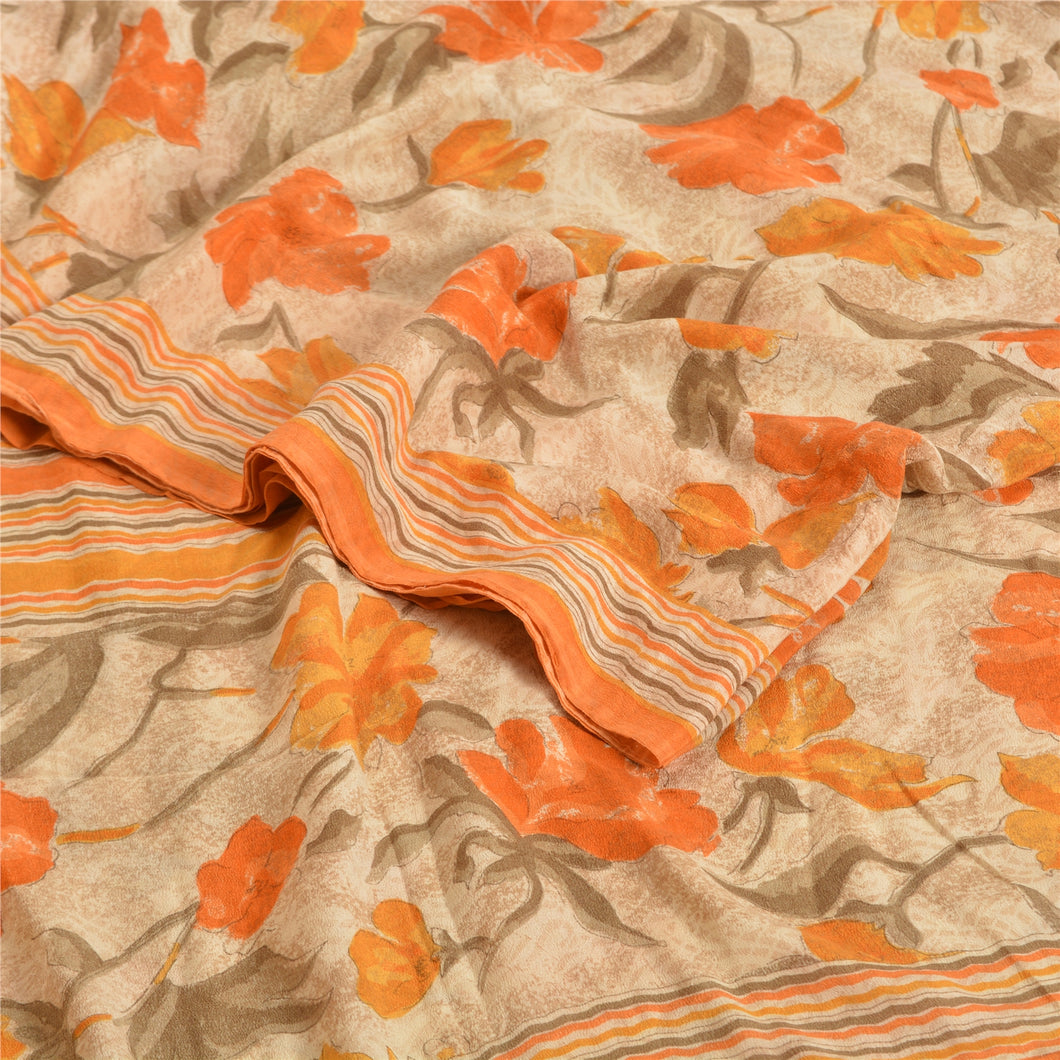 Sanskriti Vintage Sarees Cream Pure Crepe Silk Printed Sari Floral Craft Fabric