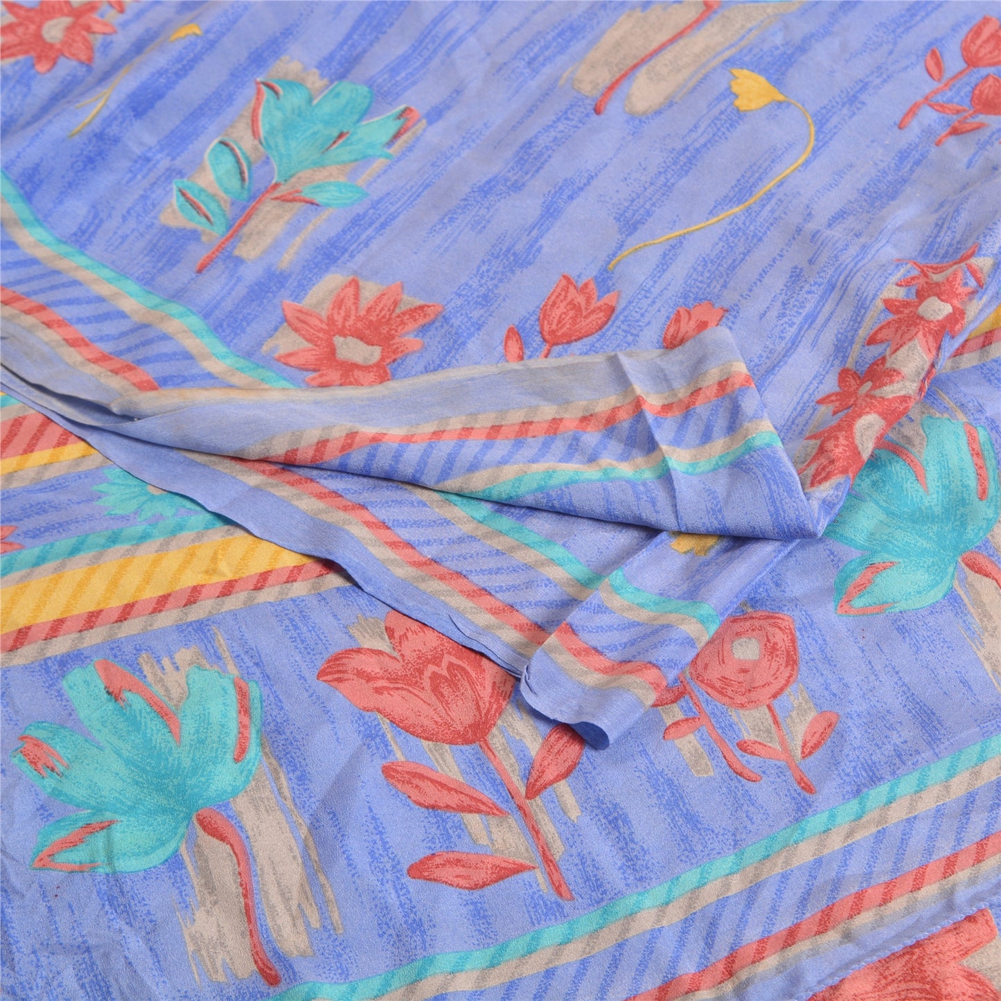 Санскритские винтажные сари индийский синий чистый креп шелк напечатанный сари ремесло устойчивая ткань