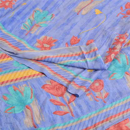 Санскритские винтажные сари индийский синий чистый креп шелк напечатанный сари ремесло устойчивая ткань