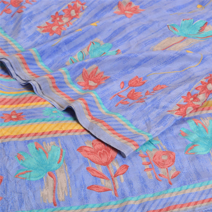 Санскритские винтажные сари индийский синий чистый креп шелк напечатанный сари ремесло устойчивая ткань