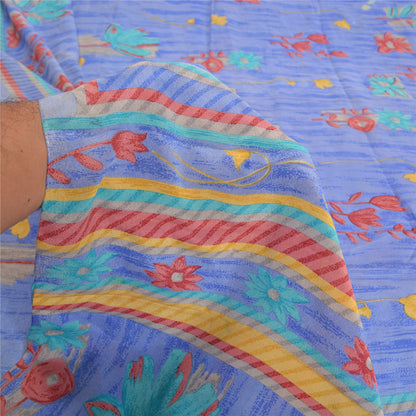 Санскритские винтажные сари индийский синий чистый креп шелк напечатанный сари ремесло устойчивая ткань