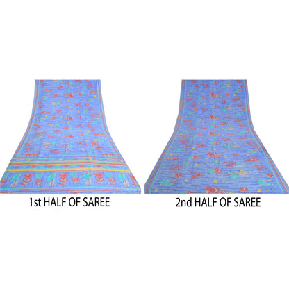 Санскритские винтажные сари индийский синий чистый креп шелк напечатанный сари ремесло устойчивая ткань