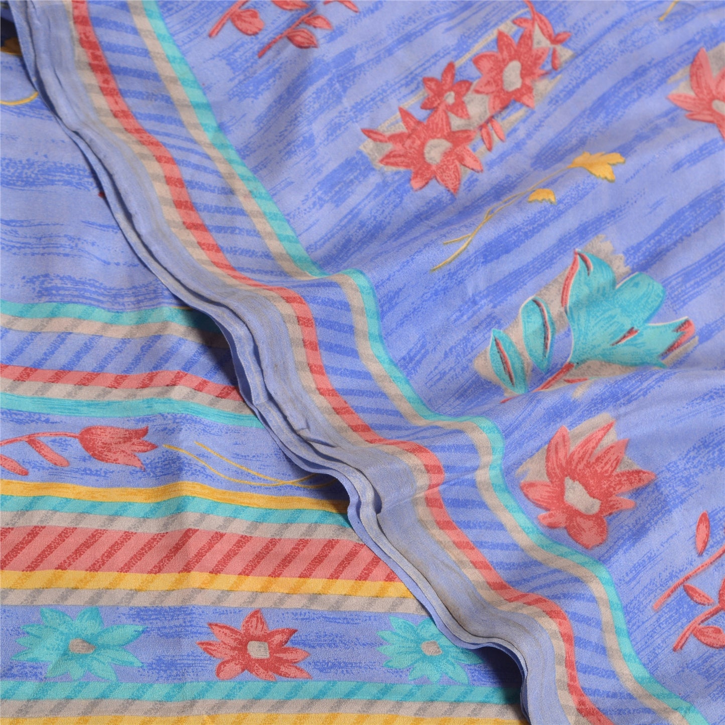 Санскритские винтажные сари индийский синий чистый креп шелк напечатанный сари ремесло устойчивая ткань