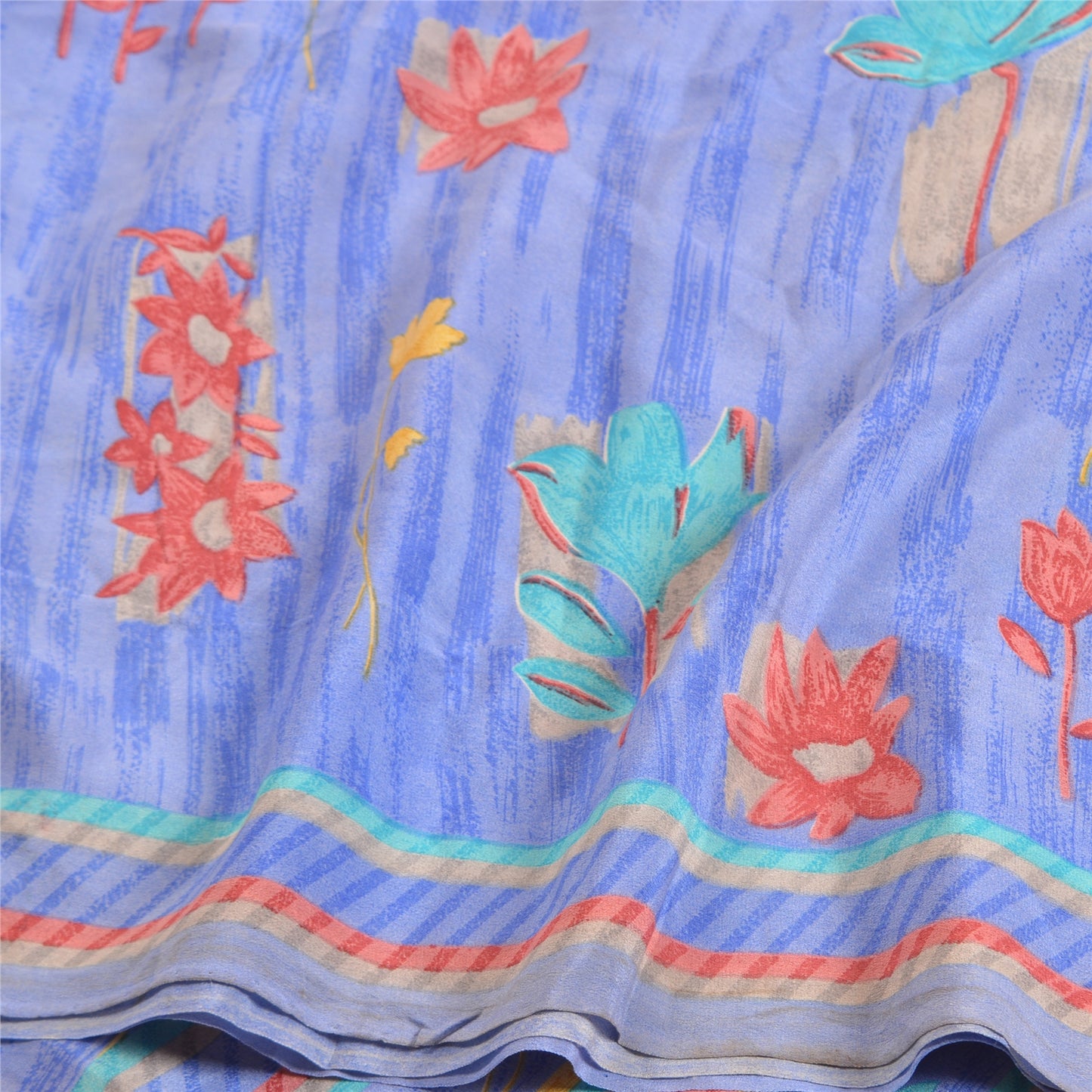 Санскритские винтажные сари индийский синий чистый креп шелк напечатанный сари ремесло устойчивая ткань