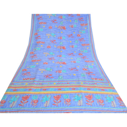 Санскритские винтажные сари индийский синий чистый креп шелк напечатанный сари ремесло устойчивая ткань