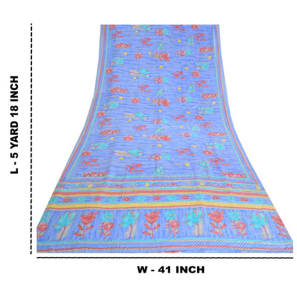 Санскритские винтажные сари индийский синий чистый креп шелк напечатанный сари ремесло устойчивая ткань