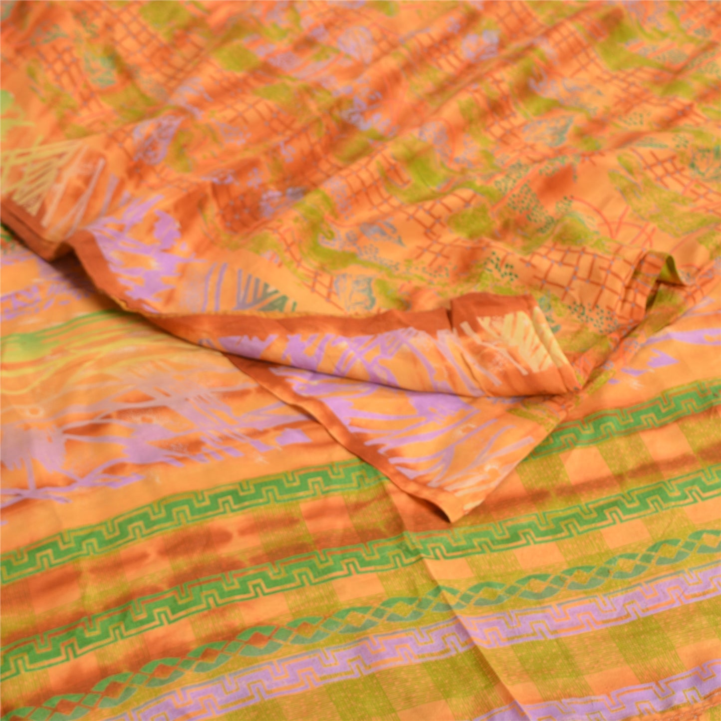 Sanskriti Vintage Sarees Orange Tie-Dye Pure Crepe Silk Print Sari Craft Sustainable Fabric