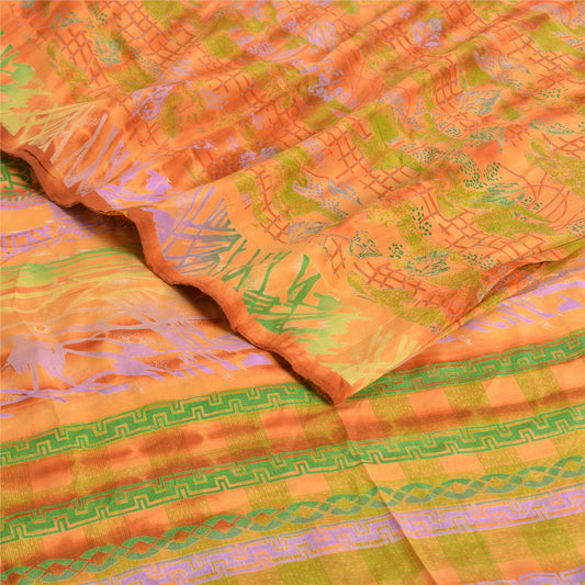 Sanskriti Vintage Sarees Orange Tie-Dye Pure Crepe Silk Print Sari Craft Sustainable Fabric