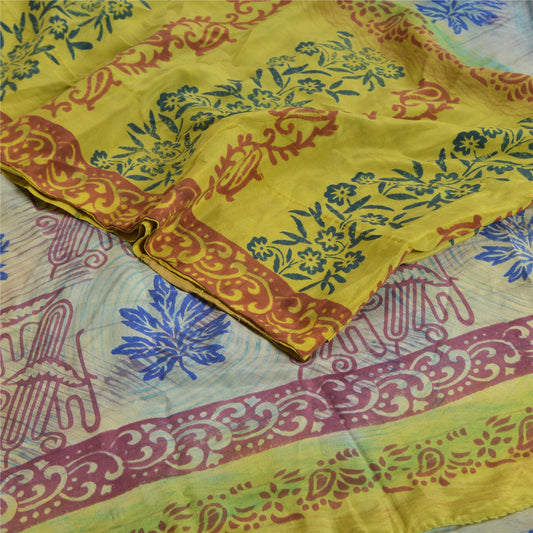 Sanskriti Vintage Sarees Green Block Print Pure Crepe Silk Sari 5yd Craft Sustainable Fabric
