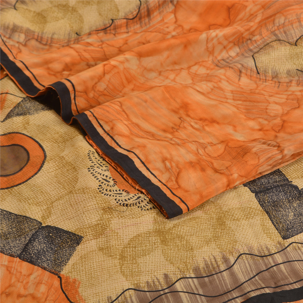 Sanskriti Vintage Sarees Peach 100% Pure Crepe Silk Printed Sari Craft Fabric