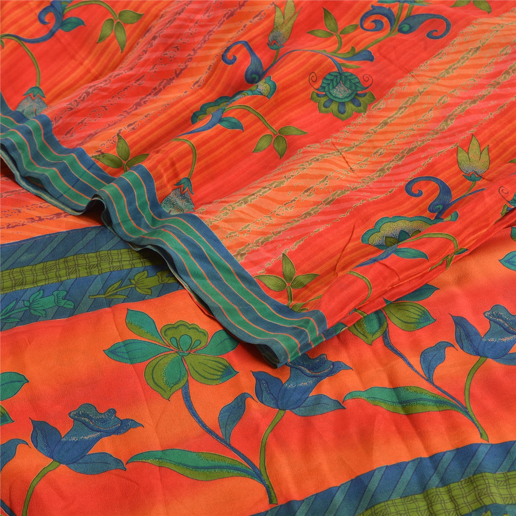 Sanskriti Vintage Sarees Red-Orange Pure Crepe Silk Printed Sari Craft Fabric