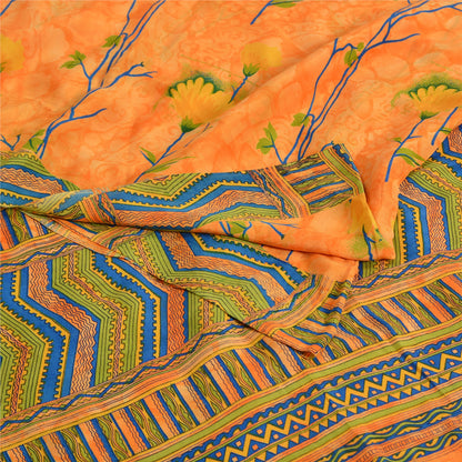 Sanskriti Vintage Sarees Orange Indian Pure Crepe Silk Printed Sari Craft Sustainable Fabric
