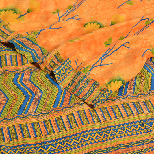 Sanskriti Vintage Sarees Orange Indisk Ren Crepe Silke Trykt Sari Håndværk Bæredygtigt Stof