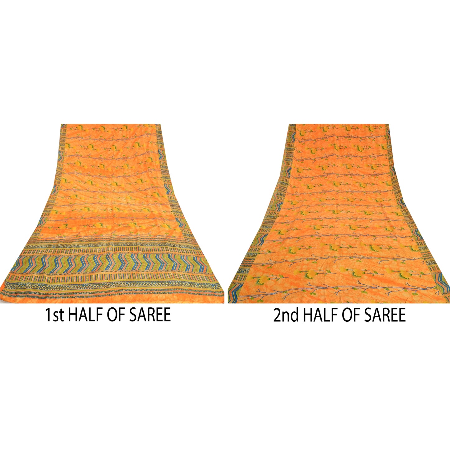 Sanskriti Vintage Sarees Orange Indian Pure Crepe Silk Printed Sari Craft Sustainable Fabric