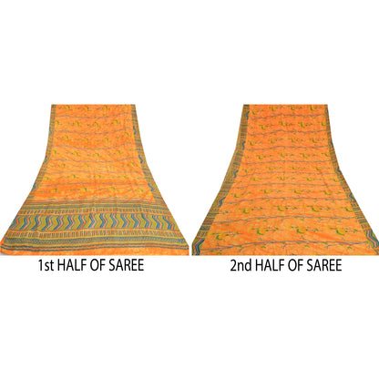 Sanskriti Vintage Sarees Orange Indian Pure Crepe Silk Printed Sari Craft Sustainable Fabric