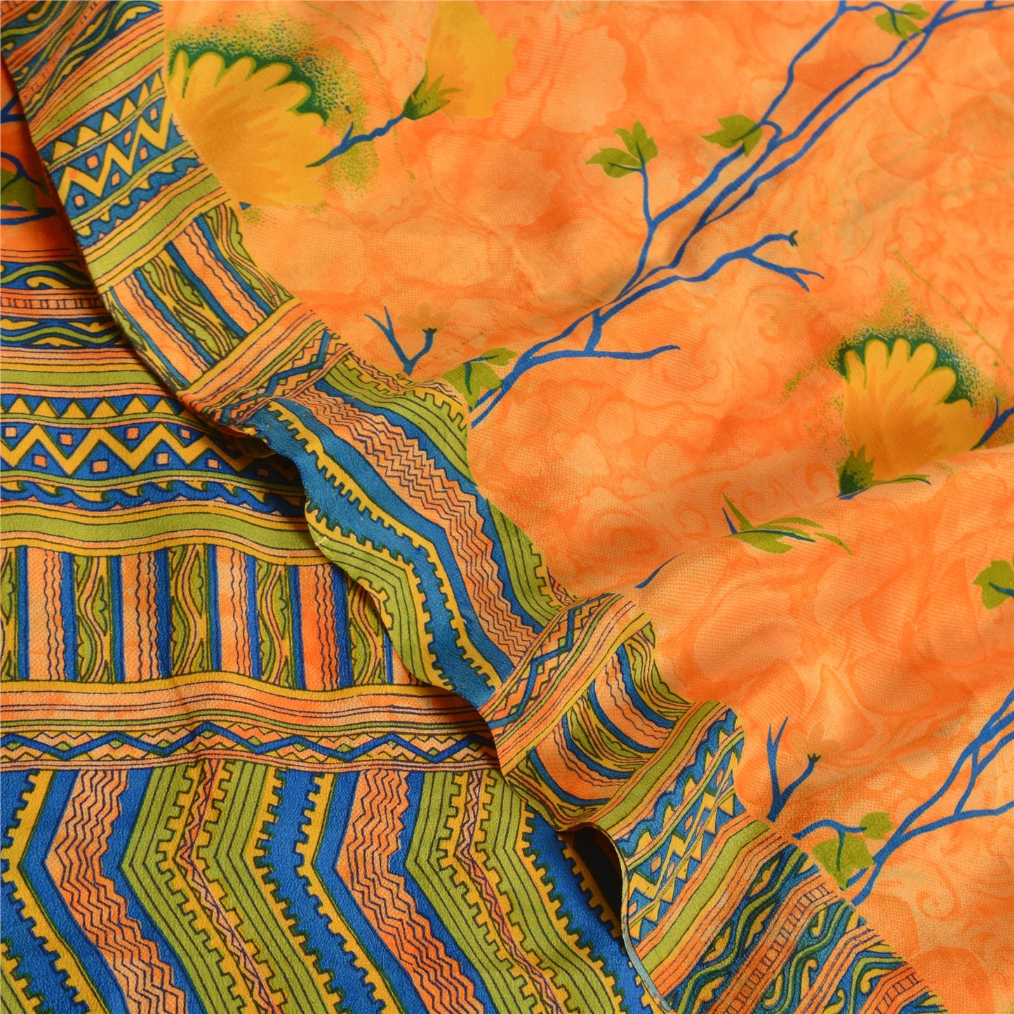 Sanskriti Vintage Sarees Orange Indian Pure Crepe Silk Printed Sari Craft Sustainable Fabric