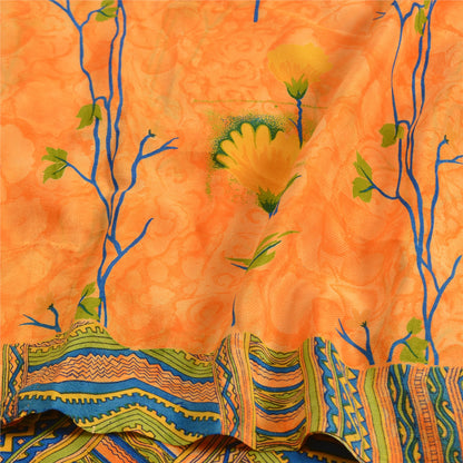 Sanskriti Vintage Sarees Orange Indian Pure Crepe Silk Printed Sari Craft Sustainable Fabric