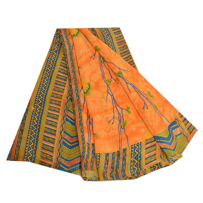 Sanskriti Vintage Sarees Orange Indian Pure Crepe Silk Printed Sari Craft Sustainable Fabric